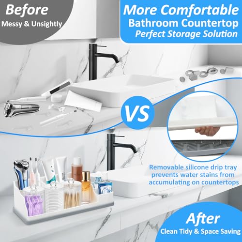Bathroom Counter Organizer, Large White Silicone Toothbrush Holders for Bathrooms Organizer Countertop with 3PCS Qtip Holder, Toothbrush and Toothpaste Holder for Bathroom Organization Storage Vanity - color: White Grey With 3pcs Clear Dispenser