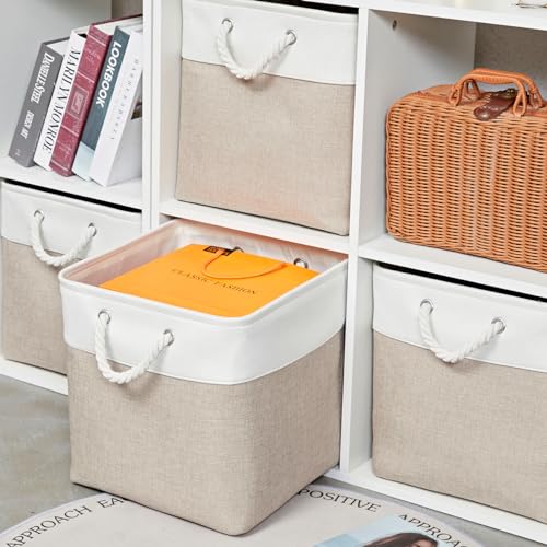 13 x 13 Inch Storage Cubes，6 Pack Cube Storage Bins for Shelves，Fabric Collapsible Storage Bins with Handles, Foldable Storage Basket for Organizing Clothes, Toys, Books (White&Beige) - color: White&Beige（EVA）