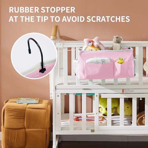 YOUDENOVA Bedside Caddy with 5 Pocket, Bedside Storage Organizer for College, Dorm Bed, Bunk Bed, Pink