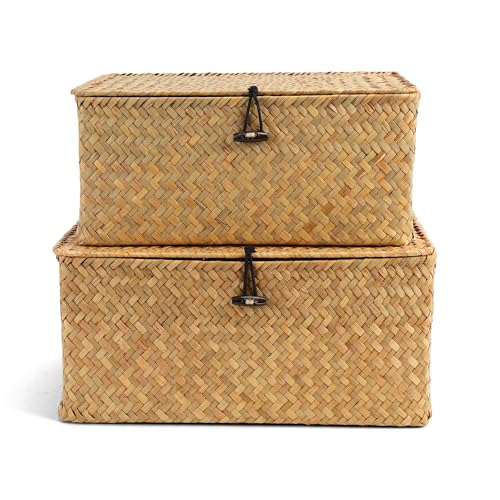 Nonam Storage Basket with Lid, Natural Seagrass Bin with Lid Set of 2, Shelf Baskets Multipurpose Container for Boho Decoration, Rectangular Household Storage Boxes for Home Organization-Natural - color: Natural-S+M