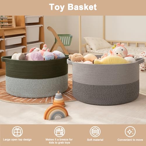 OIAHOMY 90L XXXLarge Blanket Basket for Living Room, 21.7" x 13.8" Woven Cotton Rope Laundry Basket for Organizing Pillows, Decorative Stuffed Animal Toy Storage Bin for Nursery, Green and Grey - color: Green and Grey, size: 21.7"D x 13.8"H