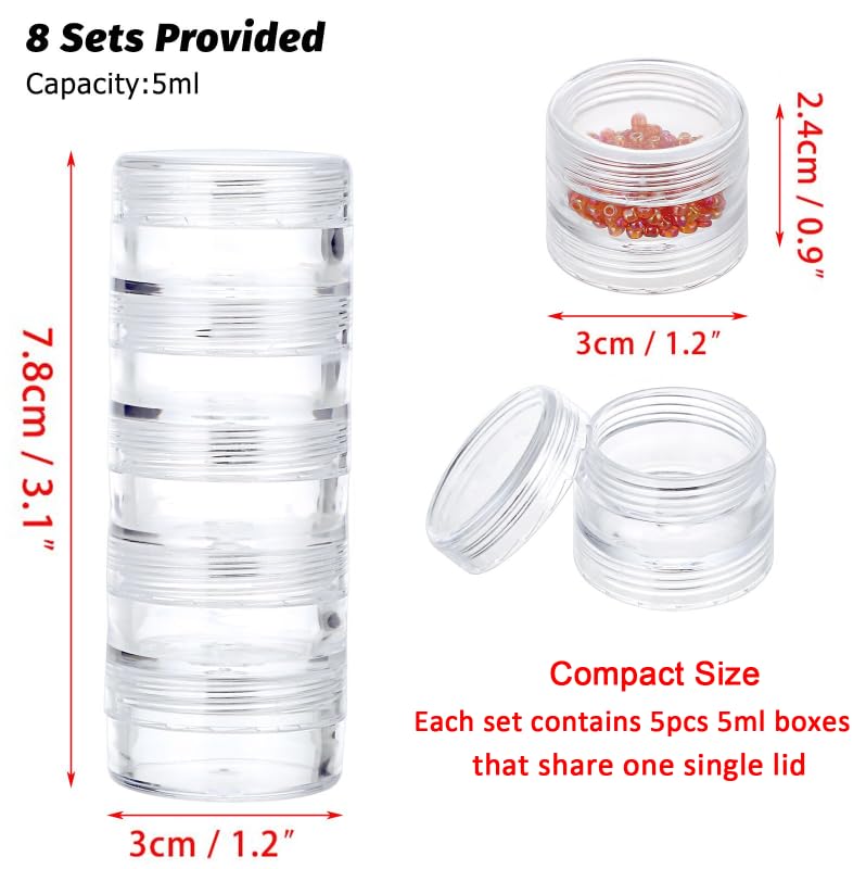 Hipiwe 8 Sets 5 Layers Clear Plastic Round Storage Jars Jewelry Bead Storage Containers Small Travel Sample Jar Pots for Sewing Pills Nail Art Craft Accessories - size: 8Packs 1.2"D x 3.1"H