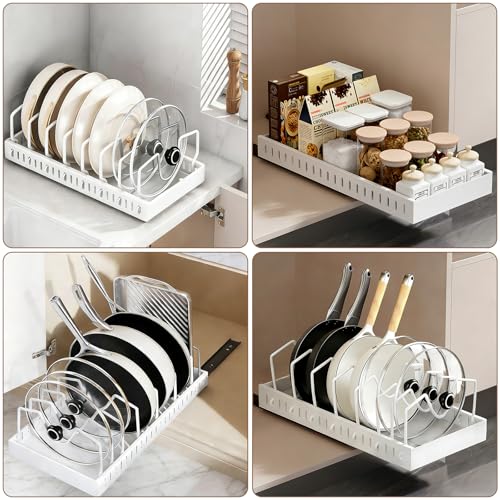 Pot and Pan Organizer under Cabinet Pull Out,Pot Lid Holder for Kitchen, Cookware Storage Rack with Slide Rails,Slide-out Drawer, White