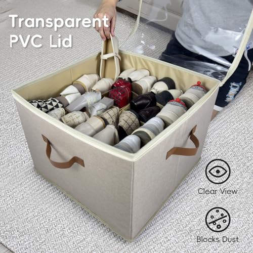 Shoe Organizer for Closet, 2 Pack Shoe Storage Bins with Clear Cover, Adjustable Dividers Fits 16-32 Pairs ShoeBoxes, Organizador de Zapatos, Khaki - color: 2 Pack -Khaki