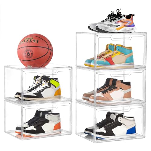 5 Pack Clear Stackable Shoe Organizer Box with Lids, Acrylic Shoes Box with Magnetic Doors, Transparent Shoe Storage Bins Closet Organizers, Shoes Containers For Sneaker Display, Fit up to US Size16 - color: Clear-5P, size: US16