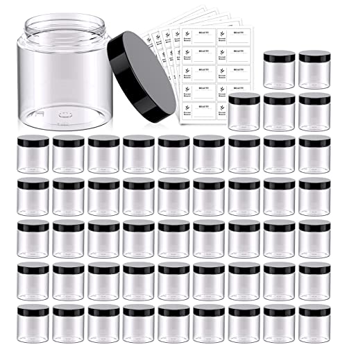 50 Pack 4 OZ Plastic Jars Round Clear Cosmetic Container with Black Lids, Eternal Moment Slime Jars for Lotion, Cream, Ointments, Makeup, Eye shadow, Rhinestone, Samples, Pot, Travel Storage - color: Black Lid, size: 4 Ounce