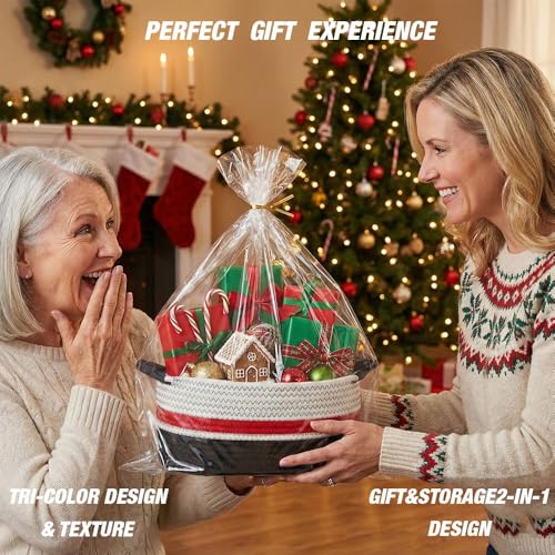 Yimi's Dream Cotton Rope Basket – Woven Gift Basket with Handles, Decorative Storage Basket for Christmas, Housewarming, Mother's Day, Shelf, Chest, Toys - color: red&black with black handle, size: Oval - 12"x8"x5"