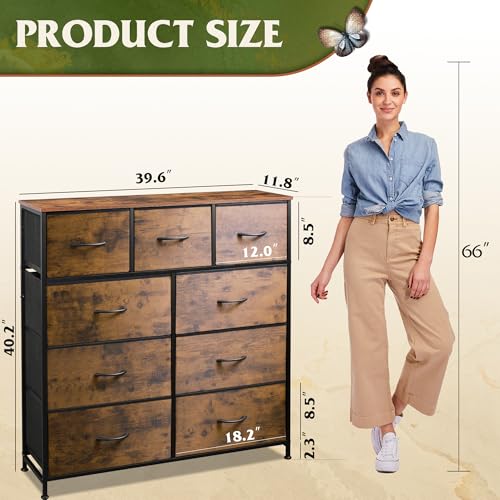 WLIVE 9-Drawer Dresser, Fabric Storage Tower for Bedroom, Hallway, Entryway, Closet, Tall Chest Organizer Unit with Fabric Bins, Steel Frame, Wood Top, Easy Pull Handle, Rustic Brown Wood Grain Print - color: Rustic Brown Wood Grain Print