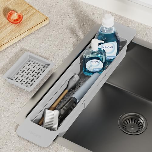 NiHome Extendable Sink Kitchen Organizer, Extra Long Telescopic Brush Storage Rack for Sponge, Non-Slip Pads Expandable Sink Caddy, Adjustable Sponge/Brush Rack with Drainage Durable ABS (Gray) - color: Gray, size: Extra Long