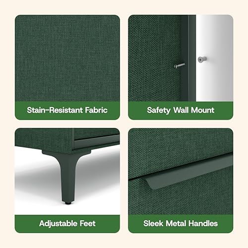 tinge Naima Premium Fabric Dresser - Strong Metal Frame, 10 Spacious Sag-Proof Drawers with Sleek Metal Handles - Premium & Durable Storage Solution for Your Home (Green) - color: Green, size: 14"D x 39.2"W x 35.8"H (10 Drawers)