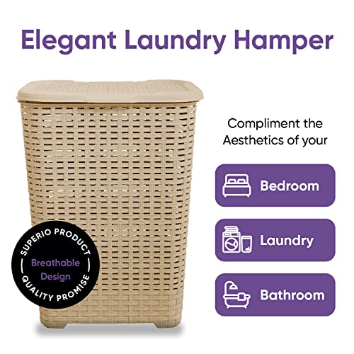 Superio Laundry Hamper Basket With Easy Open Lid 60 Liter Beige, Large Wicker Hamper, Dirty Cloths Storage With Two Cutout Handles, Laundry Room Bin - color: Beige, size: 1-pack