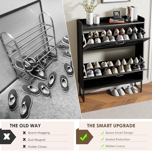 Nicetree Shoe Storage Cabinet with 2 Flip Drawers, Freestanding Shoe Organizer, Shoe Cabinet with Metal Legs, Narrow Shoe Rack Cabinet, Farmhouse Slim Shoe Cabinet for Entryway, Foyer, Hallway, Black - color: Black, style: 2-Drawers