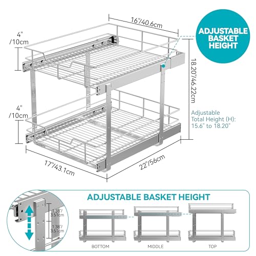 2 Tier Pull Out Cabinet Organizer 18" W X 22" D, Slide Out Drawers For Kitchen Cabinets, Pull Out Drawers For Cabinets Capacity Heavy Duty Caddy, Cabinet Pullout Shelves Chrome-Plated,Bathroom Pantry - color: 2 Tier - Chrome-Plated, size: 18" W X 22" D