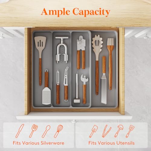 Lifewit Utensil Organizer for Kitchen Drawer, Expandable Cooking Silverware Tray, Adjustable Cutlery Flatware Holder, Plastic Spatula Tools Storage Divider, 17.3 x 15.8", Gray - color: Gray, size: 17.3*15.8*1.8 inch (4 Slots)