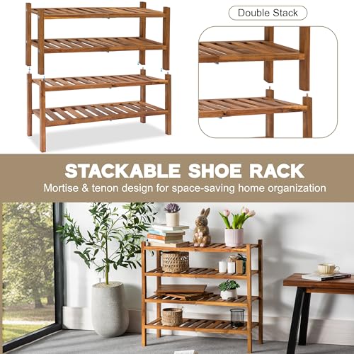 VICTORY RELAX Natural Acacia Wood 2-Tier Folding Shoe Rack – Space-Saving Wooden Shoe Organizer Shelf for Entryway, Hallway, Mudroom, or Closet – Compact Indoor Storage for Footwear & More - color: Nature