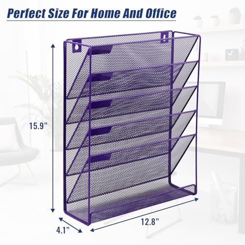 EASEPRES Desk File Organizer Mesh 6-Tier, Hanging Wall Mount Document Organization Stand, Desktop Vertical Mail Paper Folder Holder Rack with Bottom Tray for Office Home Cubicle Countertop, Purple - color: Purple, size: 6 Tier