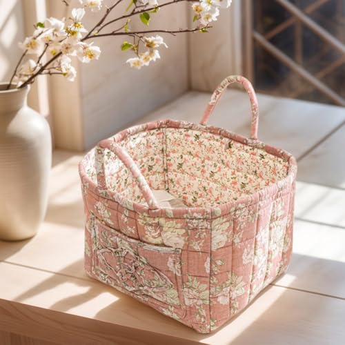 Boho Fabric Storage Basket, Boho Laundry Basket with Handle, Floral Pattern Foldable Laundry Baskets, Large Capacity Tote Bag Convenient for Organizing Clothes and Sundries (Pink) - color: Pink