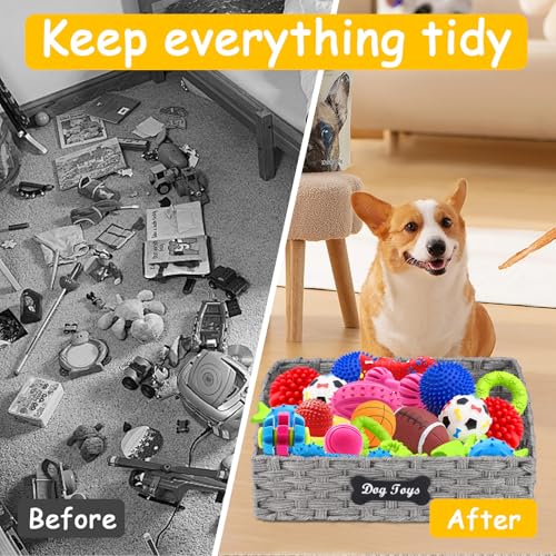 Dog Toy Basket Large Durable Metal Woven Foldable Storage Bin, Living Room Bedroom Entryway Toy Storage Organizer Rustic Trapezoid Pet Basket for Dogs Puppies and Home Floor Corners-Grey - color: Grey Imitation Banana Leaves