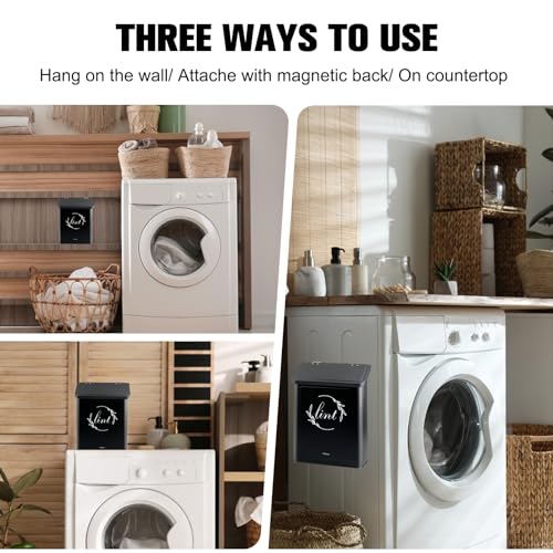 Magnetic Lint Bin for Laundry Room, Metal Lint Trash Can with Lid for Dryer, Wall Mounted Lint Holder Box with Lint Brush, Modern Farmhouse Laundry Room Decor, Black - color: Black