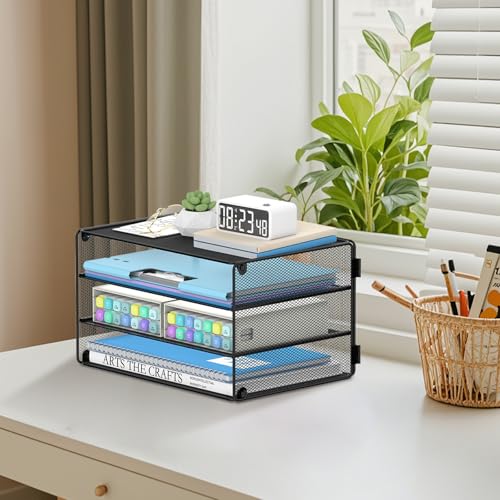 DALTACK 3 Tier Letter Tray Paper Organizer for Desk, Mesh Metal Desk File Organizer with Sliding Trays for Letter/A4 Paper, Mail, Bills & Folders, Black - color: Black