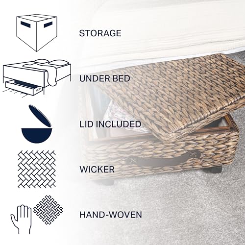 happimess BSK1006B 26.38" Chett Minimalist Hand-Woven Hyacinth/Wood Underbed Storage Bin with Wheels and Handles for Storage and Decoration in Bathroom, Bedroom,Closet,Entryway, Guest Room, Brown Wash - color: Brown Wash