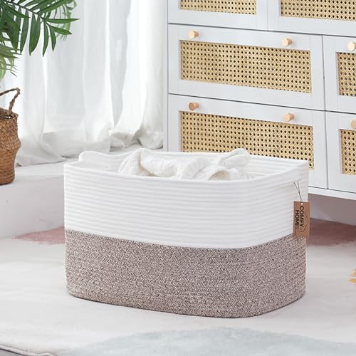 COMFY-HOMI Large Laundry for Organizing|Rectangle Cotton Rope Storage with Handles|Blanket for Living Room|Woven Laundry for Towels, Toys, Clothes-22x15x12”-White/Brown - color: White/Brown, size: 22''x15''x12''