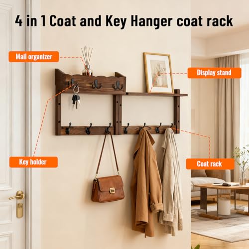 28" Coat Rack Wall Mount with Shelf, Entryway Key Holder Wall Mount Wood Wall Coat Hooks with 7 Hooks 3 Key Hanger, Wall Mounted Coat Rack Mail Holder for Living Room, Bedroom - color: Brown, size: 28 inch
