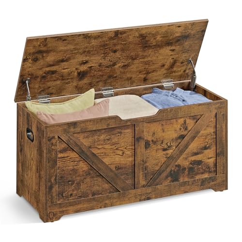 VASAGLE Storage Chest, Storage Trunk with 2 Safety Hinges, Storage Bench, Shoe Bench, Farmhouse Style, 15.7 x 39.4 x 18.1 Inches, for Entryway, Bedroom, Living Room, Rustic Brown ULSB060T01 - color: Rustic Brown, size: 39.4"W x 18.1"H, style: Farmhouse