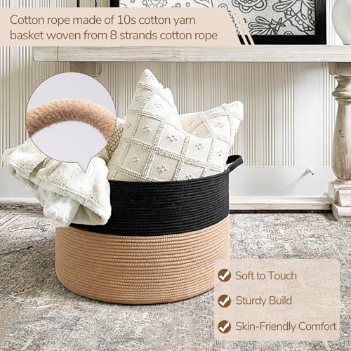 INDRESSME XXXLarge Cotton Rope Basket Woven Baby Laundry Basket Blanket Baskets Toy Baskets with Handle Comforter Cushions Storage Bin Thread Laundry Hamper - 21.7" x 21.7" x 13.8" - color: Black & Camel, size: 21.7"D x 13.8"H