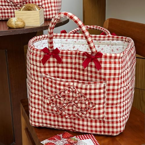 Quilted Fabric Basket Car Storage Basket Boho Floral Laundry Hamper for Nursery Bedroom & Living Room | Organize Clothes Toys (Red Gingham Check) - color: Red Gingham Check