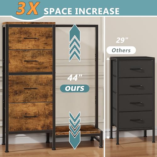 HIGDBFE Dresser with Hanging Rack, 4 Drawers Small Closet for Bedroom, Reversible Fabric Kids Chest of Drawers with Clothes Rack, Tall Storage Tower, Sturdy Frame, Rustic Brown, 44''H - color: Rustic Brown
