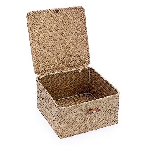 Hipiwe Wicker Shelf Baskets Bin with Lid Handwoven Seagrass Storage Basket Container Square Multipurpose Household Basket Boxes for Shelves and Home Organizer, Coffee Small - color: Coffee, size: Small