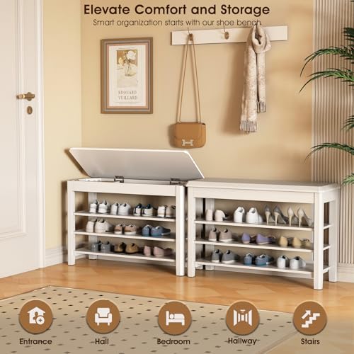 IUNVR Shoe Rack Bench Seat Rubberwood 3-Tier Wooden Storage Bench 550lbs Compact Mid-Century Modern Design for Entryway, Hallway, Closet, Front Door Entrance, Foyer - color: White-3 Tier(wood), size: 31.5"W x 11.8"D x 20.5"H
