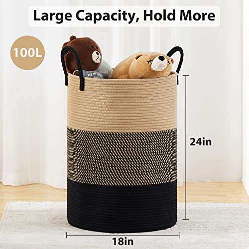 100L Extra Large Laundry Hamper Basket, 26.4Gal Tall Woven Laundry Basket Storage, Baby Nursery Hamper for Blankets, Clothes Hamper for Bedroom and Living Room Organizing, Brown & Black - color: Brown & Black, size: Extra(100L)