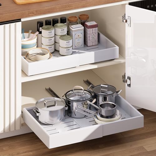 2 Pack Pull out Cabinet Organizer,Extendable (12"-20") Heavy-Duty Pull-Out Drawers – Secured with Nano Adhesive Tape, Ideal for Cookware Storage, for Kitchen Base Cabinets (21" Dx12-20" W) - color: White, size: 21" Dx12"-20"W(2 Pack)