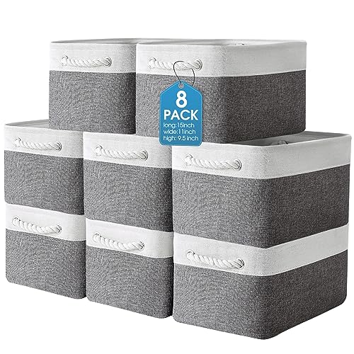 meekoo 8 Pack Collapsible Storage Bins Fabric Storage Bins Polyester Fabric Baskets with Handles Linen Closet Organizer for Shelf Home Closet Towels Toys(15 x 11 x 9.5 in,Gray White) - color: Gray White, size: 15 x 11 x 9.5 In