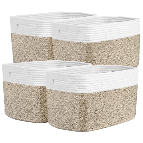Storage Baskets for Organizing, 14 x 10 x 9” Closet Shelf Woven Baskets, Square Bins with Handles, Cotton Rope Basket for Toys, Clothes, Office, Room, White+Rice Brown 4 Pack - color: White+Rice Brown, size: 4pcs