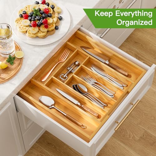 Pipishell Bamboo Expandable Drawer Organizer for Utensils Holder, Adjustable Cutlery Tray, Wood Drawer Dividers Organizer for Silverware, Flatware, Knives in Kitchen, Bedroom, Living Room(M-N) - color: Natural, size: Medium