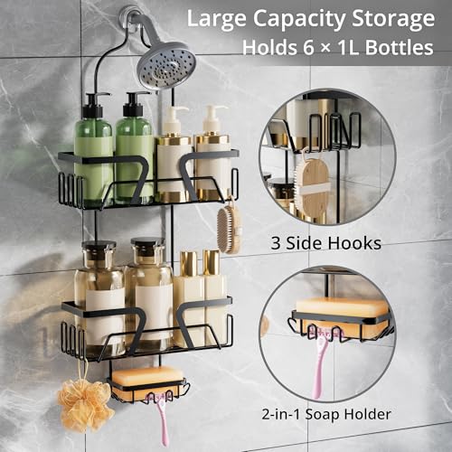 DAOYA Shower Caddy Hanging with 3 Soap Holder - Over the Shower Head Caddy for Bathroom Organization(for Bathroom Organization, 24 Side Hooks, 3 Razor Holder - color: Black