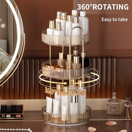 YCIA&DONE 360 Rotating Makeup Organizer and Storage for Vanity Countertop 3 Tiers, High Capacity Cosmetic Skincare Perfume Organizers for Dresser Bathroom Lazy Susan (Amber Gold) - color: Amber Gold, size: 9" (3 Tiers)