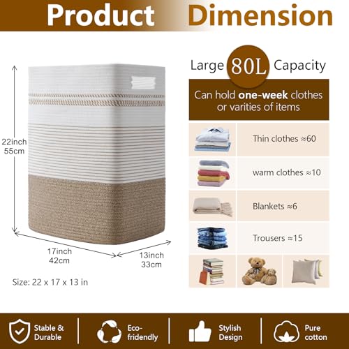 80L Large Cotton Rope Laundry Basket for Bedroom & Laundry Room, Tall Clothes Hamper with Sturdy Handles, Neutral Storage Bin Capable of Holding Blankets and Toys - color: Brown Variegated, size: 80L