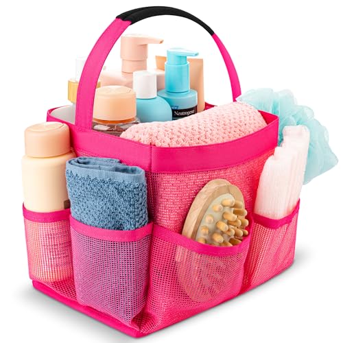 Masirs Shower Caddy Mesh - 9 Pocket Portable Bathroom Organizer Tote for Travel, Gym & Dorm - Collapsible Small Shower Caddy Bag to Hold Toiletries & Essentials (Pink) - color: Pink
