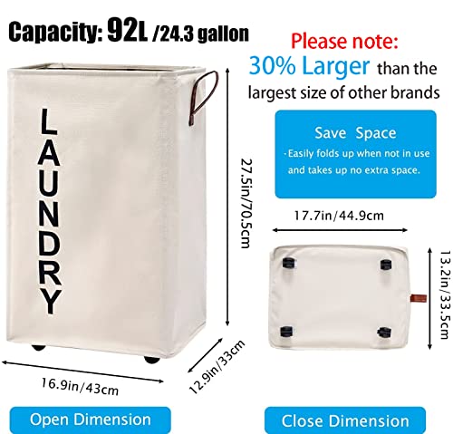 92L Large Laundry Hamper with Leather Handle,Standable Laundry Basket with Wheels ,Large Hamper,Rolling Laundry Basket White - color: Beige/XXL, size: Super Large 27.5"