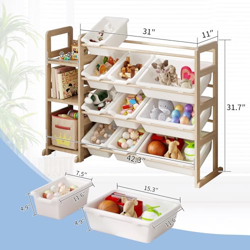 Toy Storage Organizer - Toy Organizers and Storage with Bookshelf, Toy Storage Shelf with 3 Shelves and 12 Storage Bins, Kids Bookshelf and Toy Storage for Kids Room, Playroom, Bedroom, Nursery, White - color: White, size: 42.2 inches (L) x 11 inches (W)