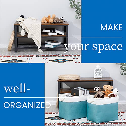 Bidtakay Storage Baskets Extra Large 17x12x15 In Teal Blue Nursery Toy Baskets Fabric Long Shelf Baskets for Organizing Set of 2 Linen Closet Bins for Shelves Decorative Blanket Basket Living Room - color: White&Teal, size: 2 Pack-XL-17x12x15 In
