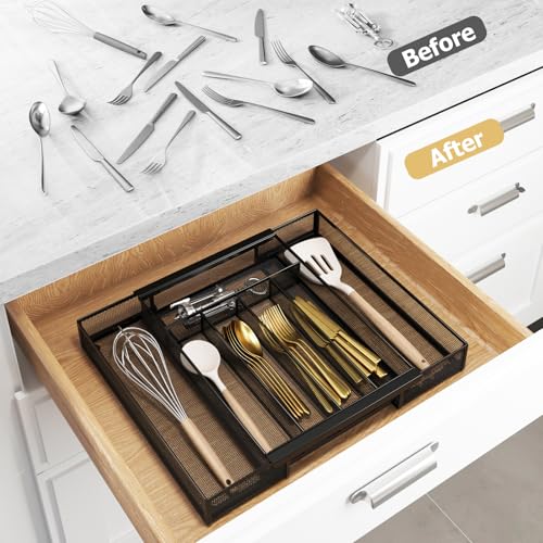 Sedegn Silverware Organizer Metal Mesh, Drawer Organizer, Utensil Cutlery Tray for kitchen drawers,Expandable Flatware Organizer with 7 Compartment Black 9.6"~16.1" x 13.8" - color: Black, size: Expandable 9.6"~16.1" x 13.8"
