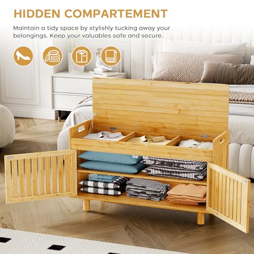 oakvivo Bamboo 35.4in Shoe Storage Bench with Lift Top Storage & Padded Seat Cushion, 2-Tier Shoe Rack Cabinet with 2 Doors for Entryway, Living Room, Bedroom, Mudroom, Natural - color: Natural