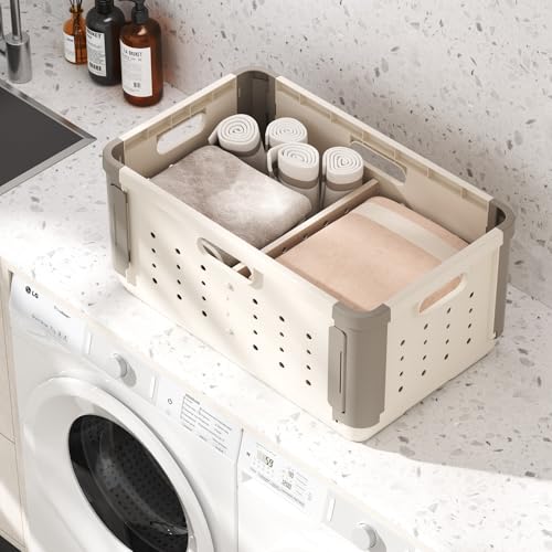 HAIXIN HOME Stackable Plastic Laundry Basket on Wheel, 42L Clothes Laundry Hamper with Divider for Pre-Sorting, Dirty Clothing Storage Organizer Bin with Handles for Closet, Bedroom, Bathroom - 2 Pack - size: 2 Pack