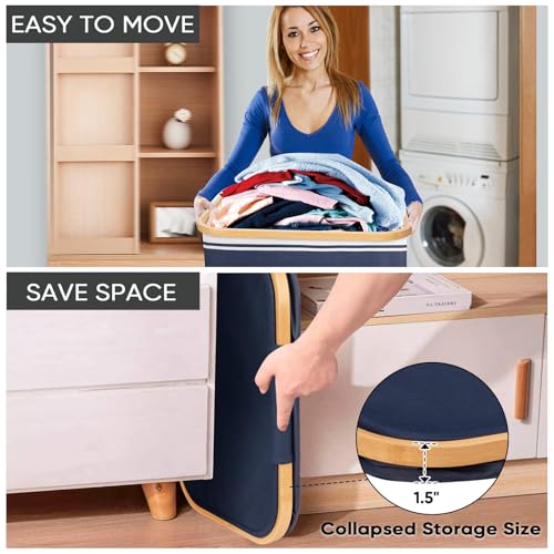 BALEINE Laundry Hamper with Lid, Tall Laundry Baskets with Bamboo Pull Handles, Large Laundry Bin with Internal Support (18 Gal/70L, Blue Stripe) - color: Blue Stripe, size: 70 liters