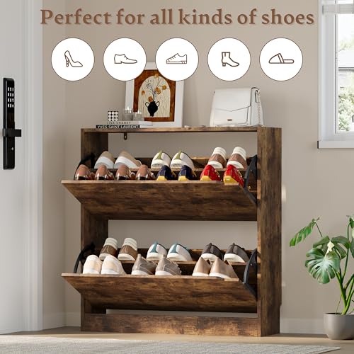 BORNOON Shoe Cabinet with 2 Flip Drawers, Slim Narrow Shoe Storage Cabinet, Freestanding Shoe Organizer with Adjustable & Removable Shelves, Top Display Shelf for Entryway, Hallway, Foyer, Closet - color: Brown, size: 2-Drawer